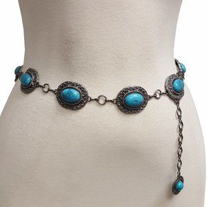 Western Big Turquoise Stone Silver Chain Belt
